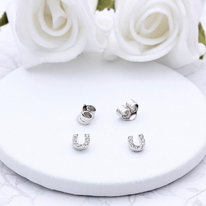 Sterling Silver and Cubic Zirconia Horseshoe Ear Studs