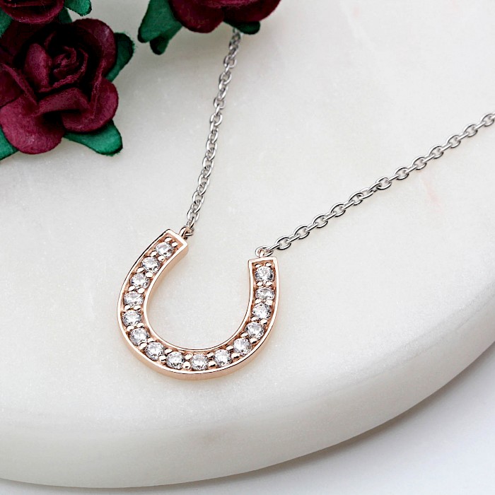 Sterling Silver and 18ct Rose Gold Vermeil Cubic Zirconia Horseshoe Necklace