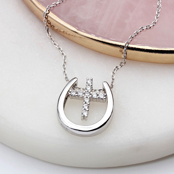 Sterling Silver and Cubic Zirconia Cross in Horseshoe Necklace