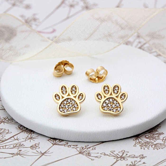 Cubic Zirconia 18ct Gold Vermeil Dog Paw Ear Studs