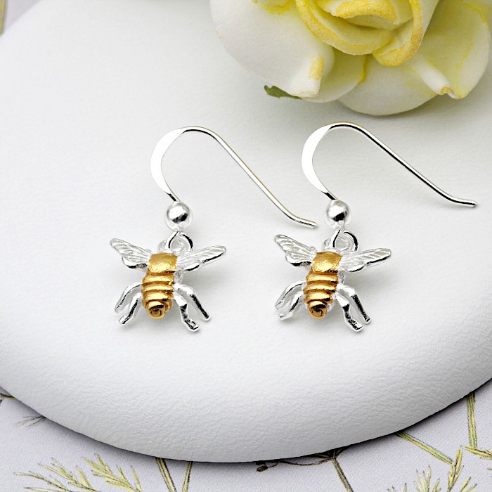 Sterling Silver and 18ct Gold Vermeil Bee Drop Earrings