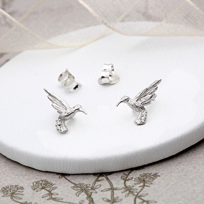 Sterling Silver and Cubic Zirconia Hummingbird Ear Studs
