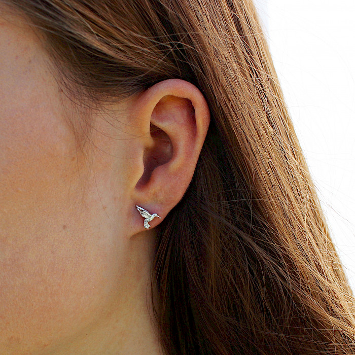 Sterling Silver and Cubic Zirconia Hummingbird Ear Studs