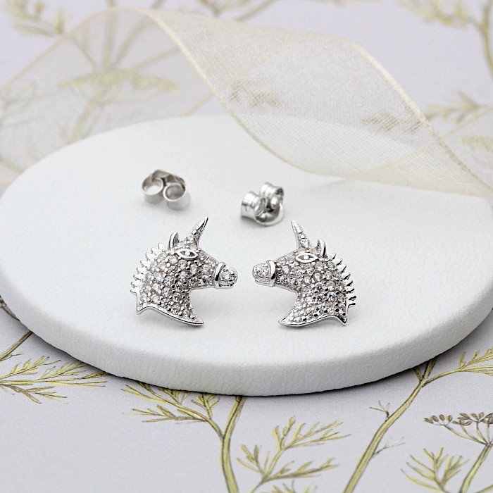 Sterling Silver and Cubic Zirconia Unicorn Ear Studs