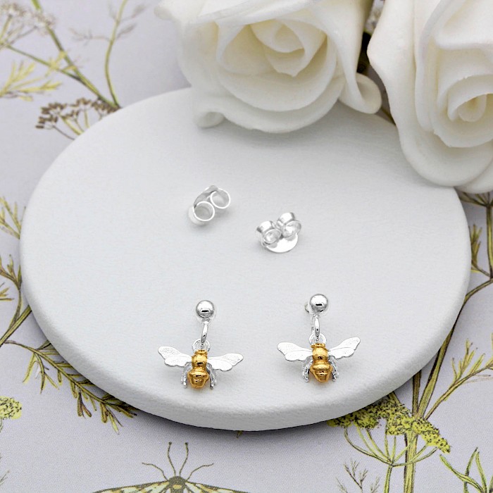 Sterling Silver and 18ct Gold Vermeil Bumblebee Drop Earrings