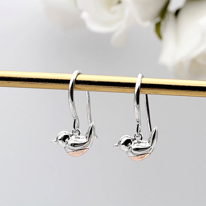 Sterling Silver and 18ct Rose Gold Vermeil Robin Drop Earrings