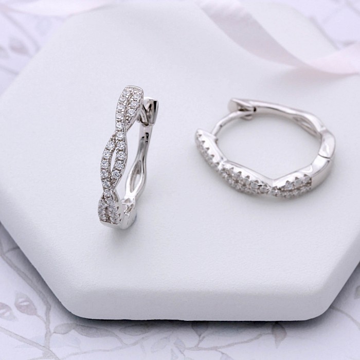 Sterling Silver and Cubic Zirconia Entwinded Hoop Earrings 