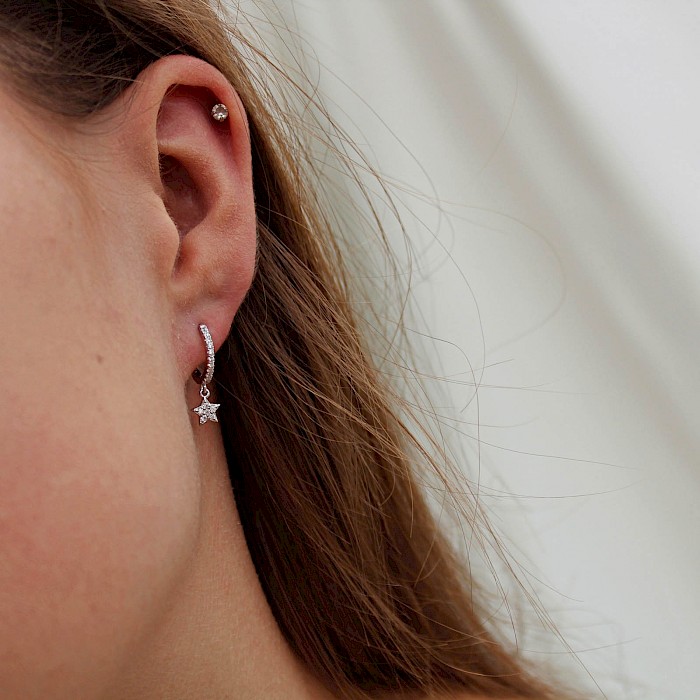 Sterling Silver and Cubic Zirconia Star Hoop Earrings 