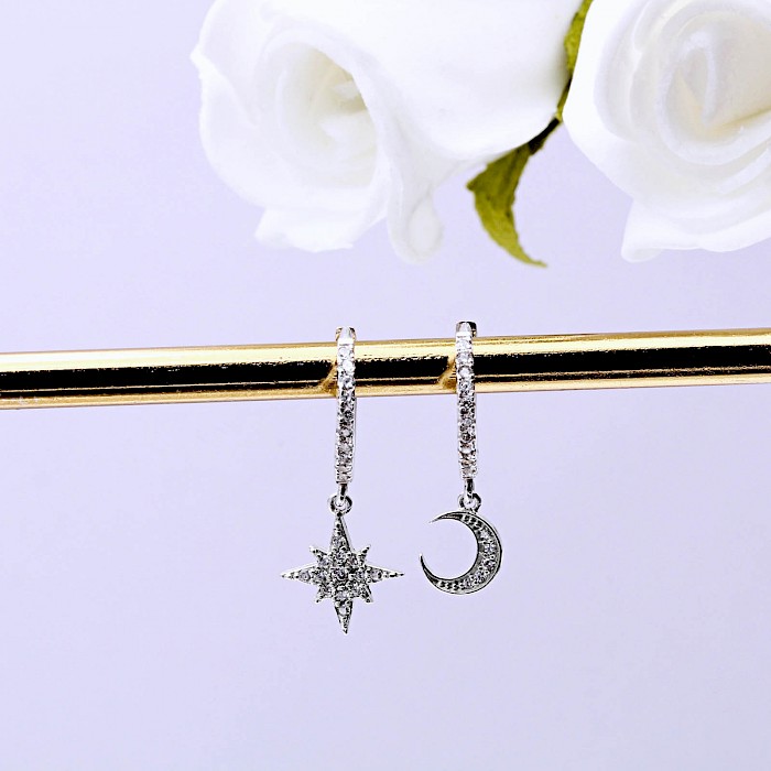 Sterling Silver and Cubic Zirconia Moon and Star Hoop Earrings 