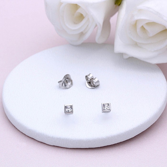 Sterling Silver and Cubic Zirconia Square Ear Studs