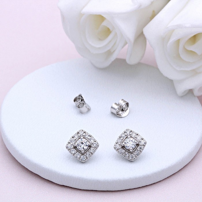Sterling Silver and Cubic Zirconia Square Cluster Ear Studs