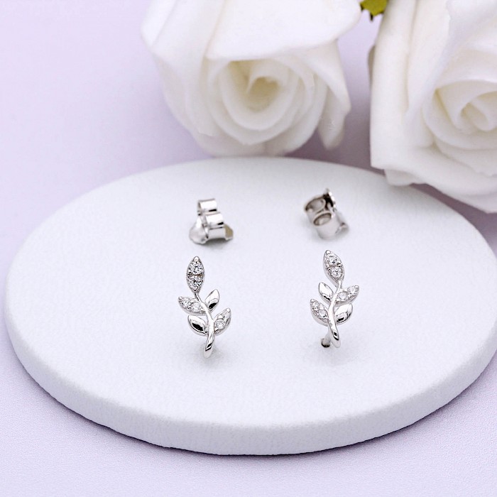 Sterling Silver and Cubic Zirconia Leaf Ear Studs