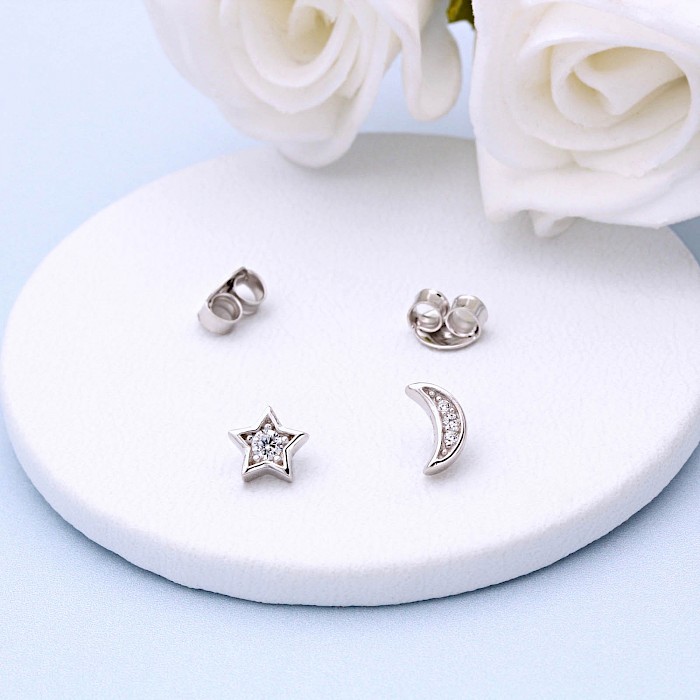 Sterling Silver and Cubic Zirconia Moon and Star Ear Studs 