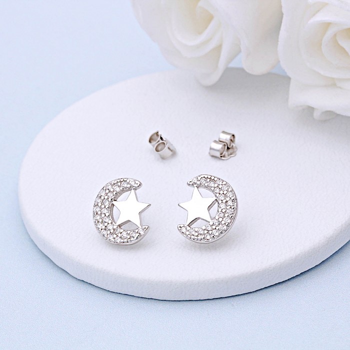 Sterling Silver and Cubic Zirconia Moon and Star Ear Studs 