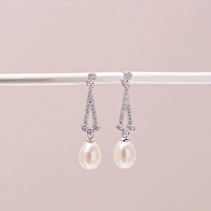 Sterling Silver, Pearl and Cubic Zirconia Drop Earrings 