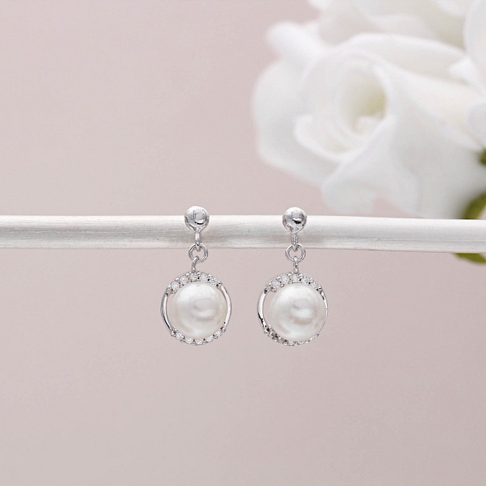 Sterling Silver, Pearl and Cubic Zirconia Drop Earrings 