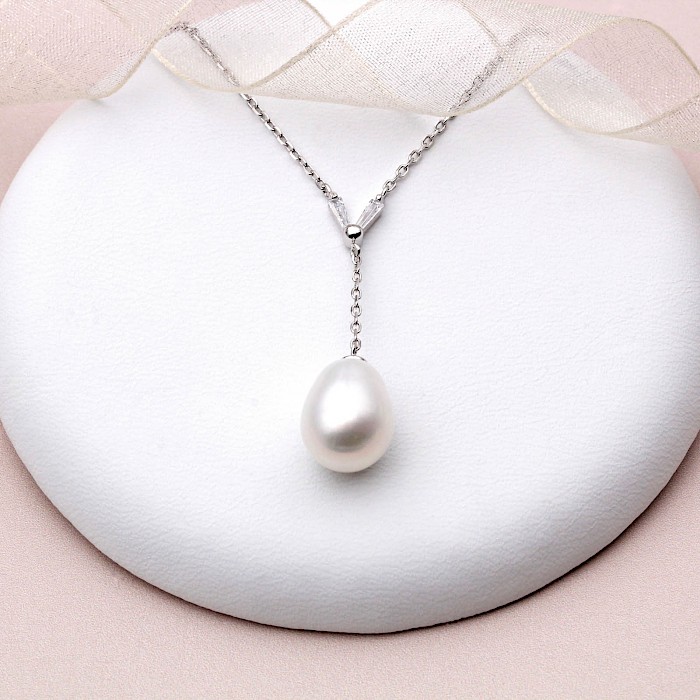 Sterling Silver, Freshwater Pearl and Cubic Zirconia Necklace 