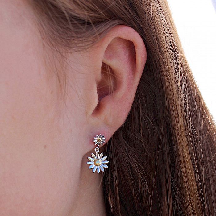 Sterling Silver and 18ct Gold Vermeil Daisy Drop Earrings