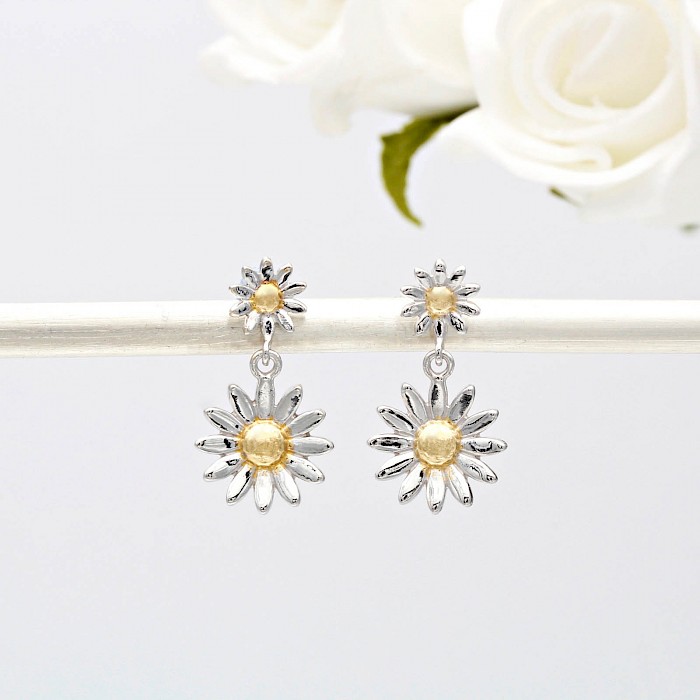 Sterling Silver and 18ct Gold Vermeil Daisy Drop Earrings