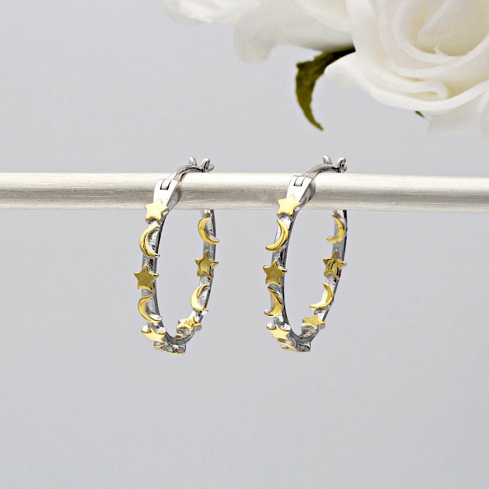 Sterling Silver and 18ct Gold Vermeil Moon and Star Hoops