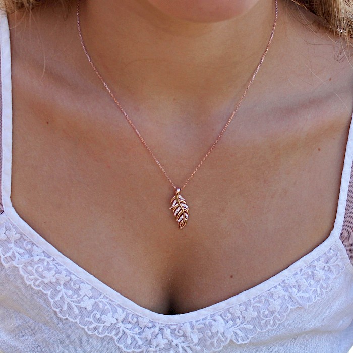 18ct Rose Gold Vermeil and Cubic Zirconia Feather Necklace