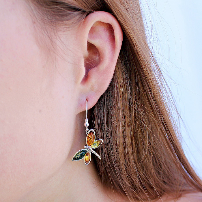 Sterling Silver and Amber Dragonfly Drop Earrings 