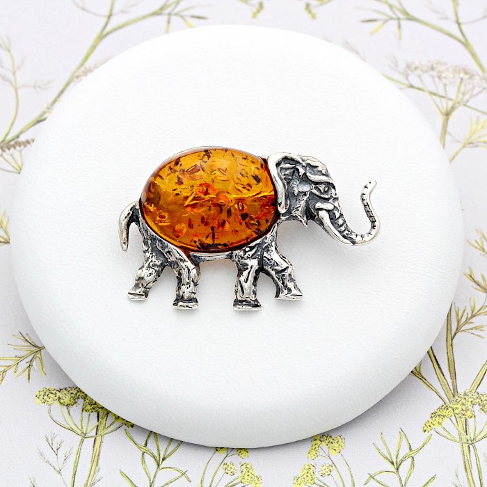 Sterling Silver and Amber Elephant Brooch