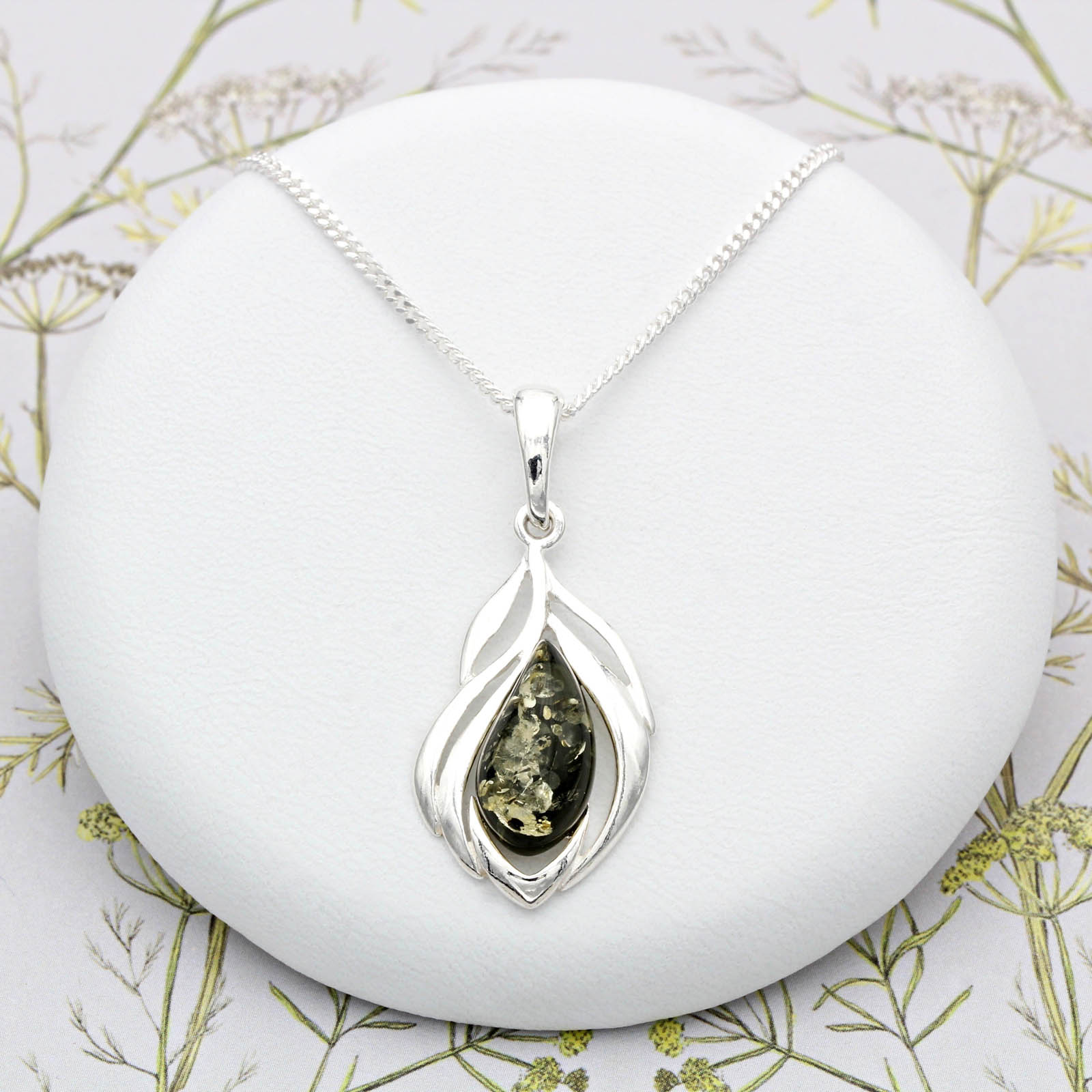 Genuine Baltic Amber & Sterling Silver 925 Jewellery Set – Green Earrings & Necklace With Certificate