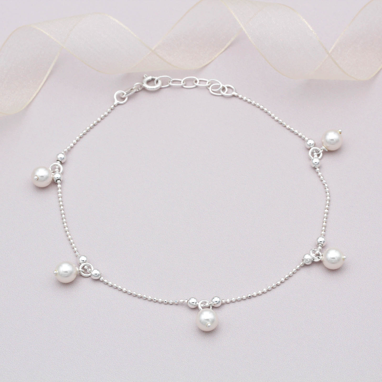 Amberta Women's 925 Sterling Silver Freshwater Pearl Anklet - Adjustable Elegant Foot Jewelry