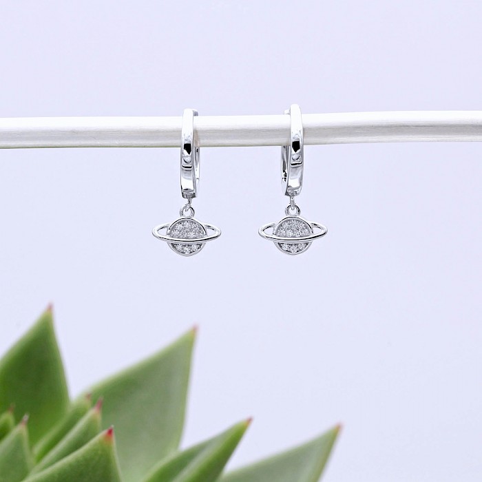 Sterling Silver and Cubic Zirconia Sparkling Planet Hoop Earrings 