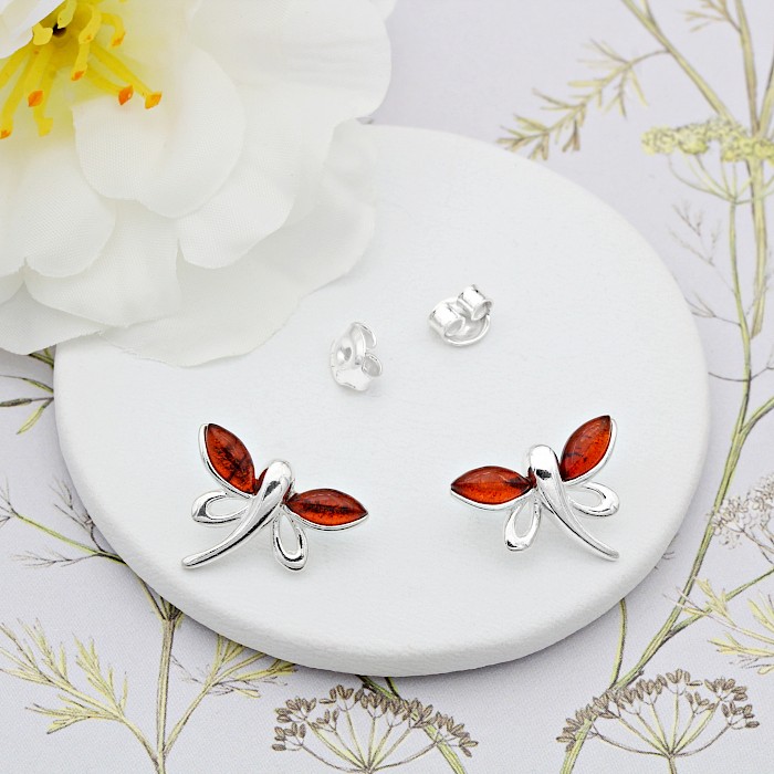Sterling Silver Baltic Amber Dragonfly Studs
