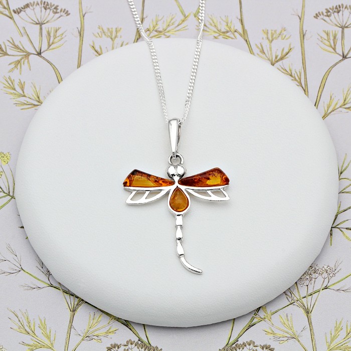 Sterling Silver and Amber Dragonfly Necklace